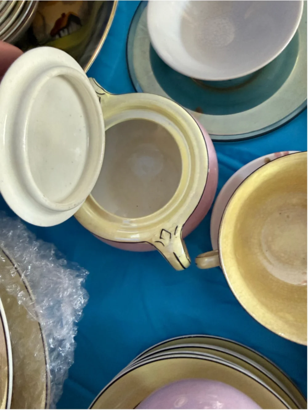 Antique 1920’s Pink and Yellow Tea Set with Creamer and Cups